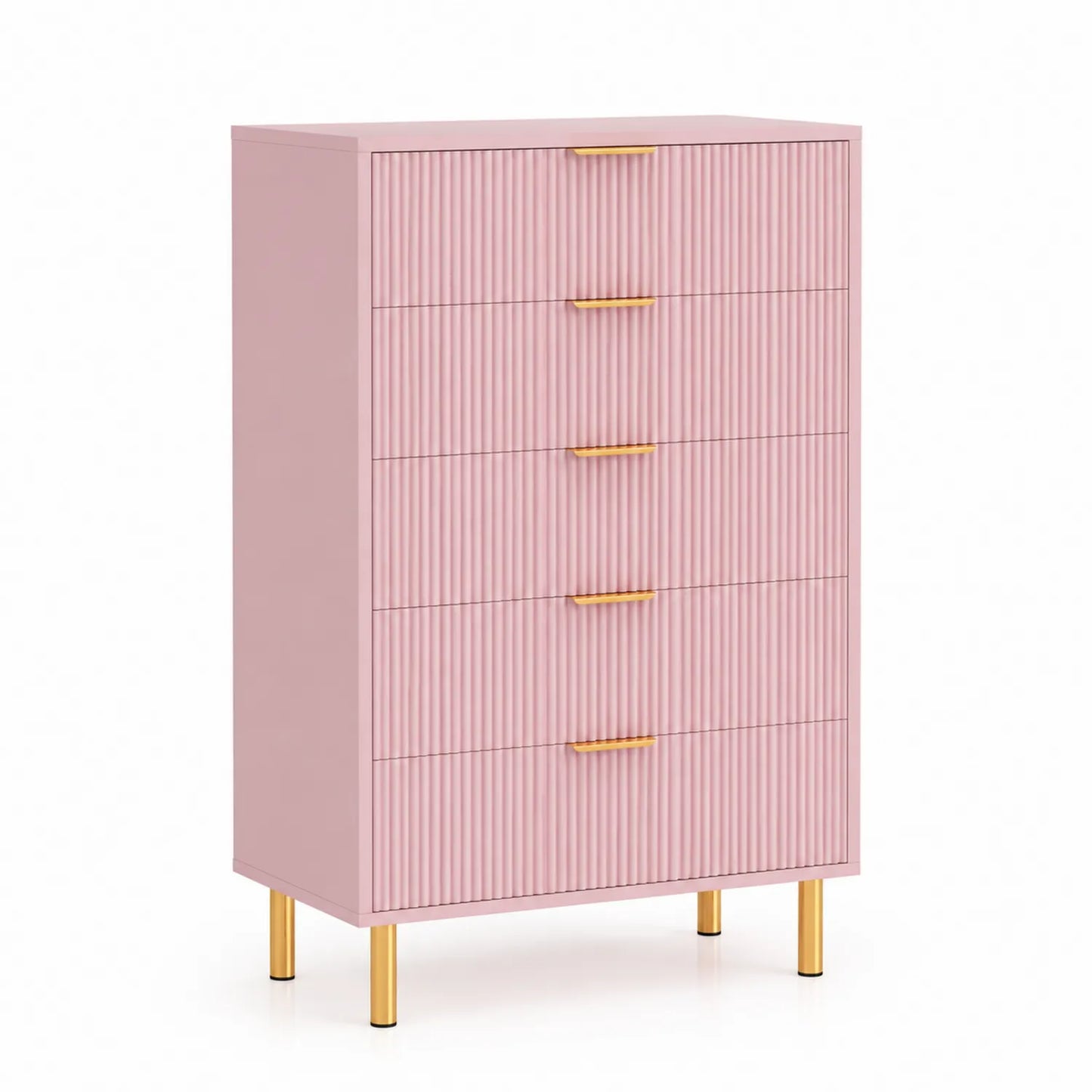Rosa Holzkommode mit 5 Schubladen und Metallgriffen
