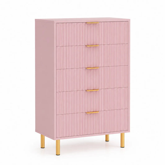 Rosa Holzkommode mit 5 Schubladen und Metallgriffen