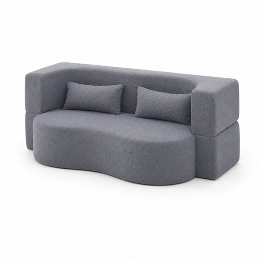 Graublaues Sofa, 3-Sitzer, Bouclé Stoff, Geschwungene Form, 210cm